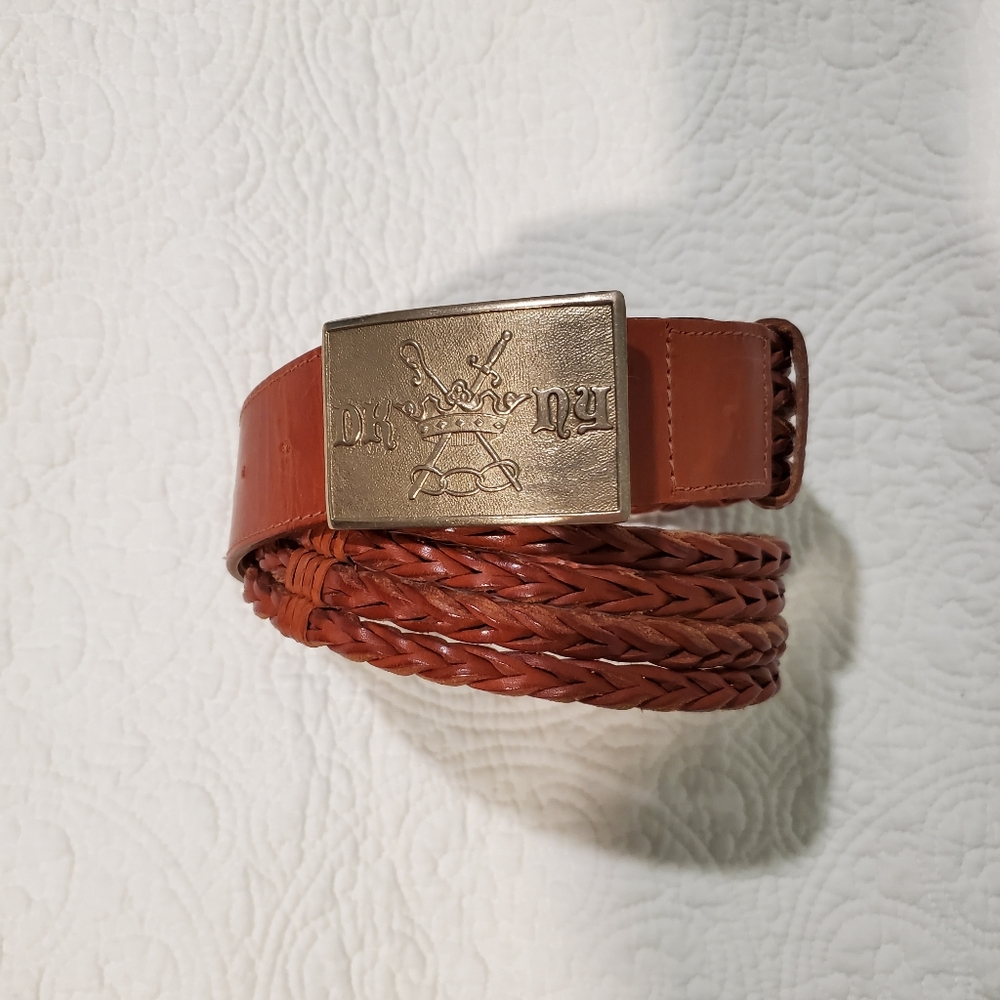 Vintage DKNY Braided Leather Belt w/ Logoed Nickel Buckle, Sz L